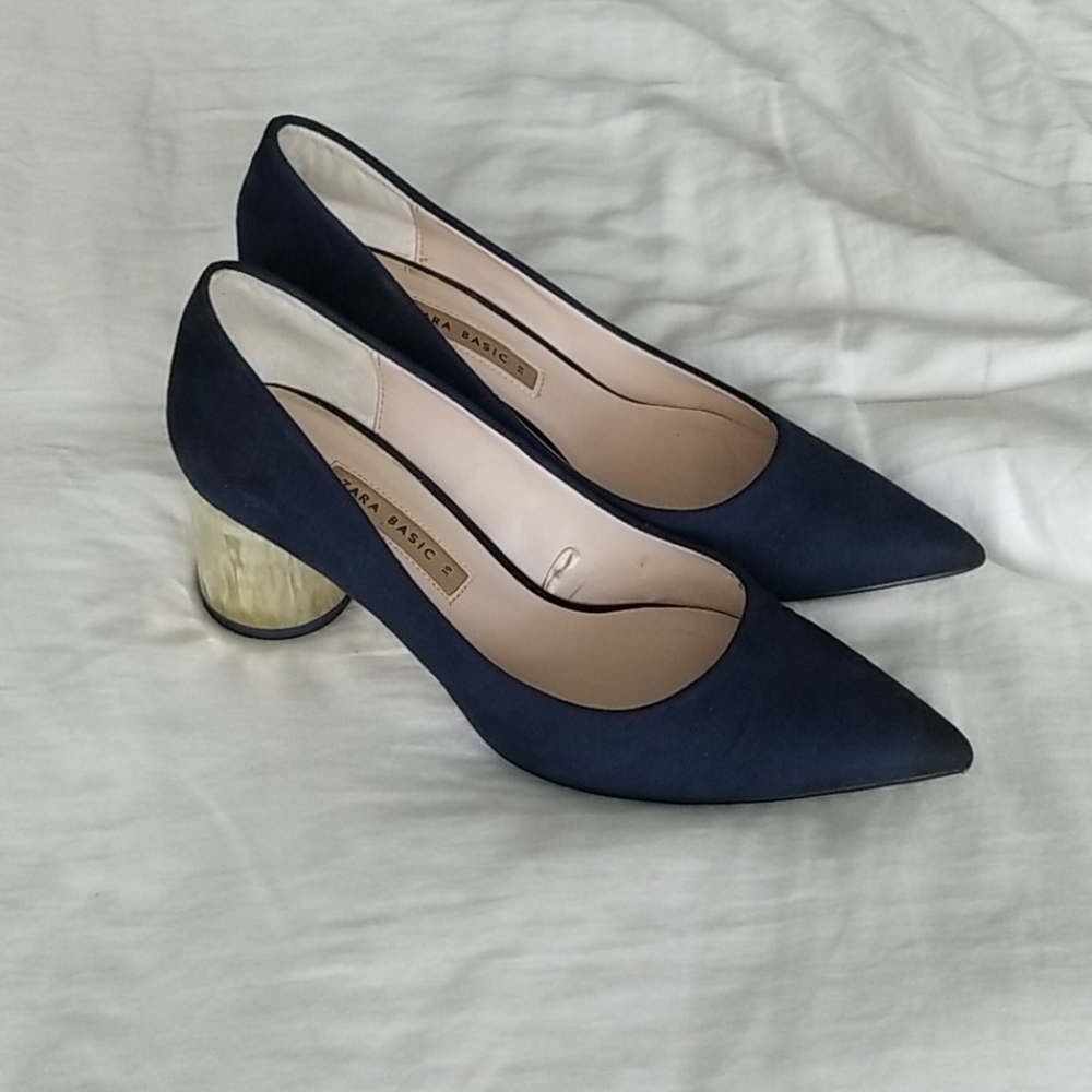 🌿Zara | Navy Microfiber & Metal Block Heels